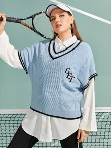 Mulvari Plus Letter Embroidery Striped Trim Knit Top - Baby Blue - View 5