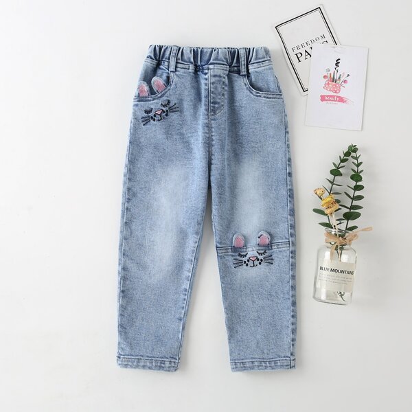 

Toddler Girls 3D Ear Design Cartoon Embroidered Jeans, Light wash