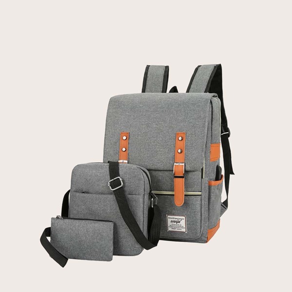 

3pcs Men Buckle Decor Flap Backpack Set, Grey