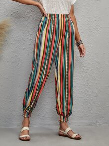 Pantalones de rayas bajo fruncido - Multicolor - Ver 1