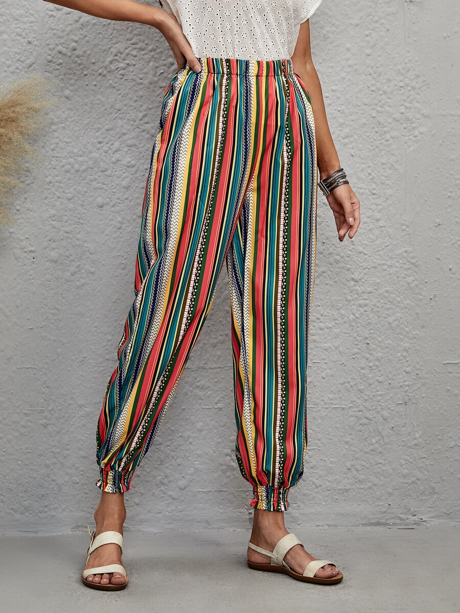 Pantalones de rayas bajo fruncido - Multicolor - Ver 1