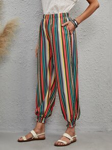 Pantalones de rayas bajo fruncido - Multicolor - Ver 3