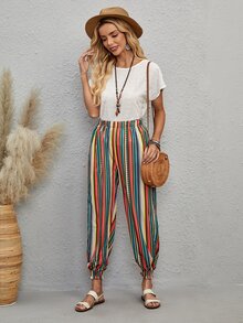 Pantalones de rayas bajo fruncido - Multicolor - Ver 5