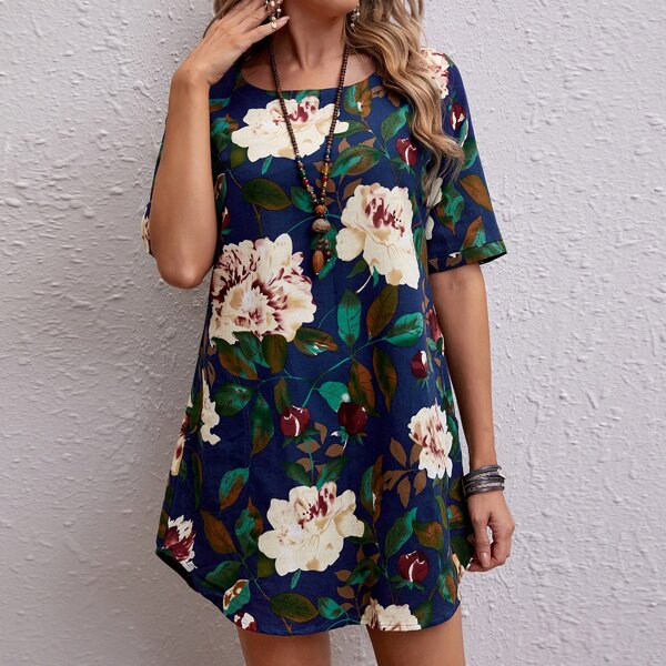 

Plants Print Slant Pocket Tunic Dress, Multicolor