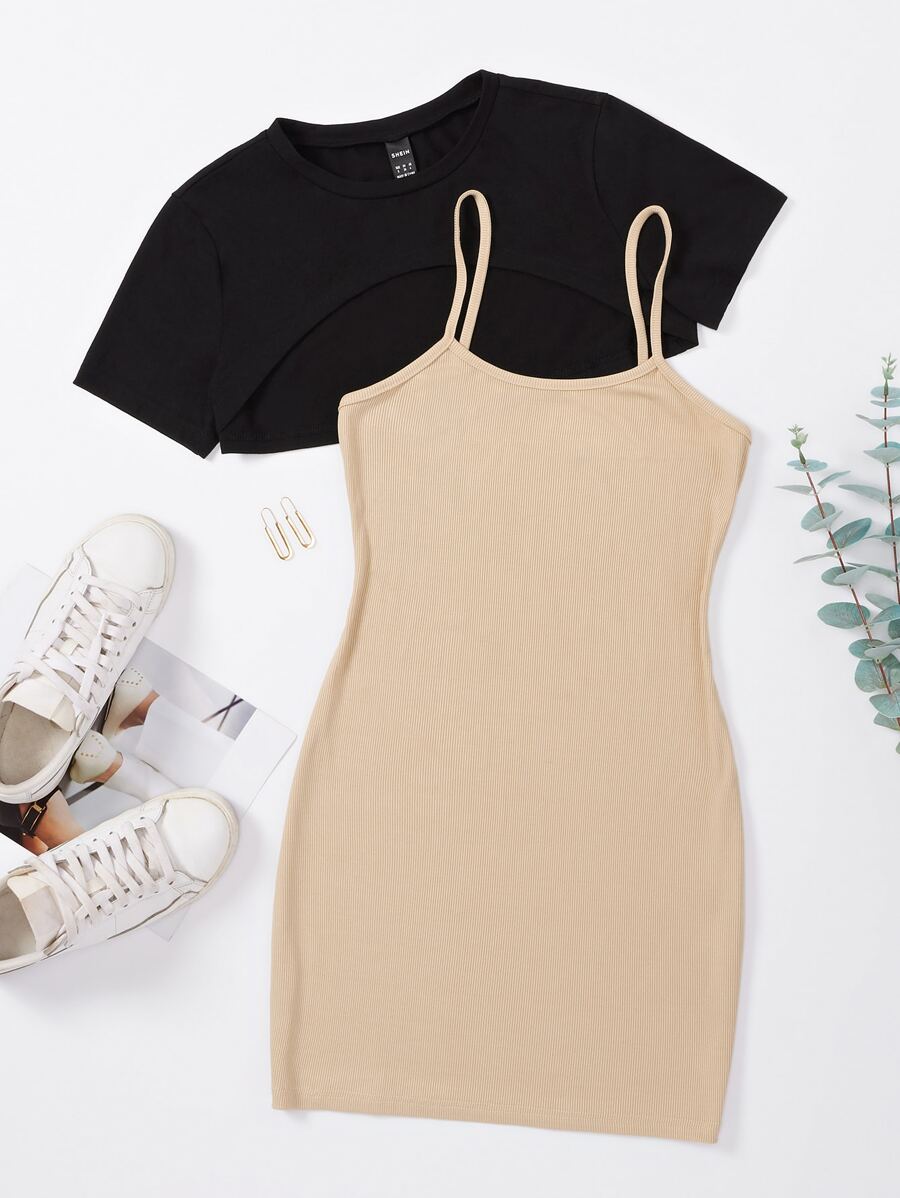 SHEIN Unity Solid Crop Tee & Cami Bodycon Dress - Khaki - View 1