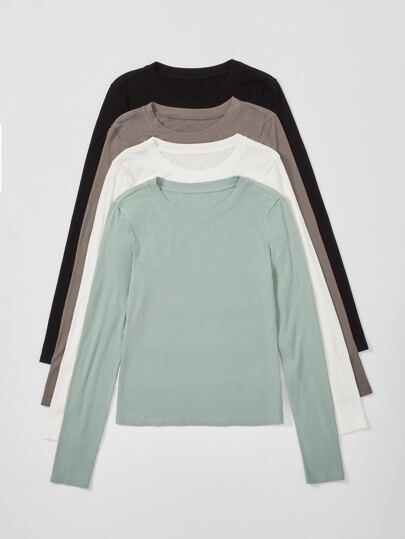 Chiquease 4pcs Solid Long Sleeve Tee Fall Cloth For Women