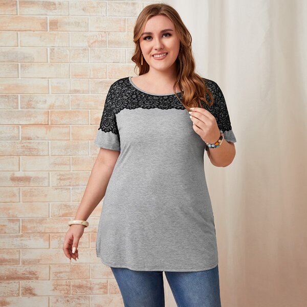

Plus Lace Panel Tee, Grey