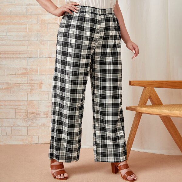 

Plus Plaid Print Wide Leg Pants, Black and white