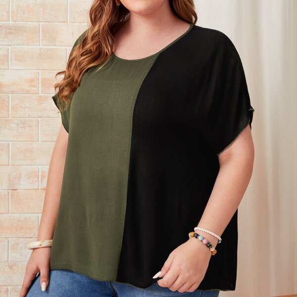 

Plus Two Tone Keyhole Back Blouse, Multicolor