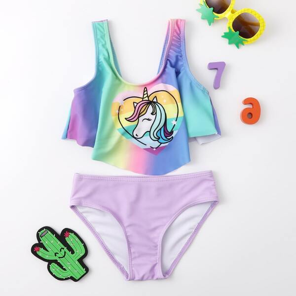 

Toddler Girls Unicorn Print Hanky Hem Bikini Swimsuit, Multicolor