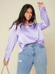 SHEIN BASICS Plus Solid Button Up Satin Shirt - Lilac Purple - View 2