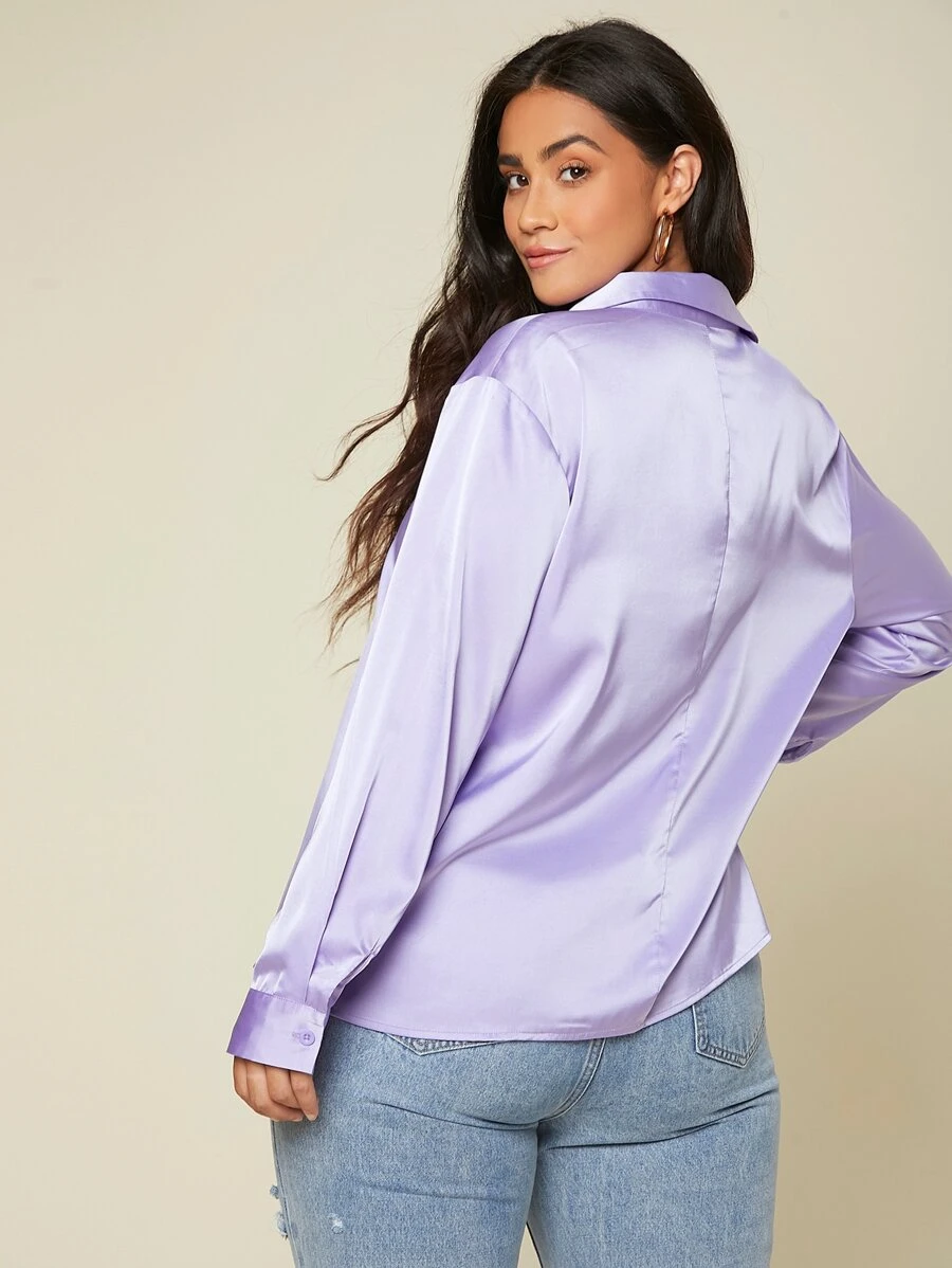 SHEIN BASICS Plus Solid Button Up Satin Shirt - Lilac Purple - View 1