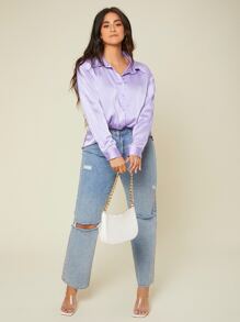 SHEIN BASICS Plus Solid Button Up Satin Shirt - Lilac Purple - View 3