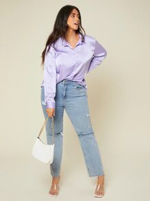 SHEIN BASICS Plus Solid Button Up Satin Shirt - Lilac Purple - View 4