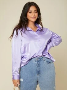 SHEIN BASICS Plus Solid Button Up Satin Shirt - Lilac Purple - View 5