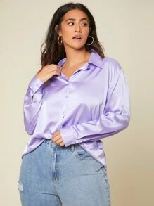 SHEIN BASICS Plus Solid Button Up Satin Shirt - Lilac Purple - View 6