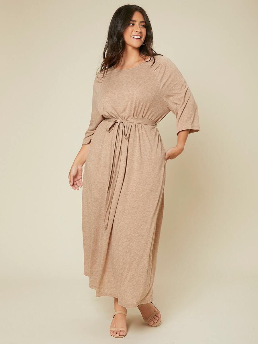 Mulvari Đầm Plus Size Thắt lưng màu trơn Giải trí - Màu Khaki - Xem 1