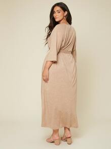 Mulvari Đầm Plus Size Thắt lưng màu trơn Giải trí - Màu Khaki - Xem 2