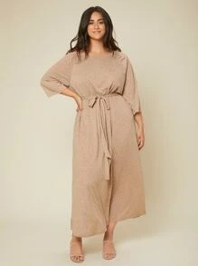 Mulvari Đầm Plus Size Thắt lưng màu trơn Giải trí - Màu Khaki - Xem 3