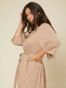 Mulvari Đầm Plus Size Thắt lưng màu trơn Giải trí - Màu Khaki - Xem 4