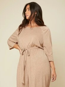 Mulvari Đầm Plus Size Thắt lưng màu trơn Giải trí - Màu Khaki - Xem 5