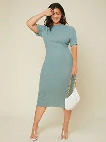 SHEIN BASICS Plus Lettuce Trim Rib Knit Bodycon Dress - Cadet Blue - View 1