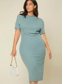 SHEIN BASICS Plus Lettuce Trim Rib Knit Bodycon Dress - Cadet Blue - View 4