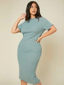 SHEIN BASICS Plus Lettuce Trim Rib Knit Bodycon Dress - Cadet Blue - View 5