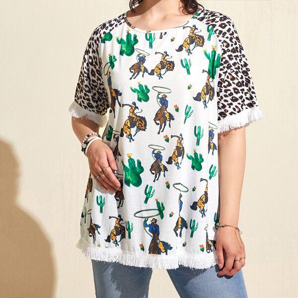 

Plus Cactus & Figure Graphic Fringe Trim Tee, Multicolor