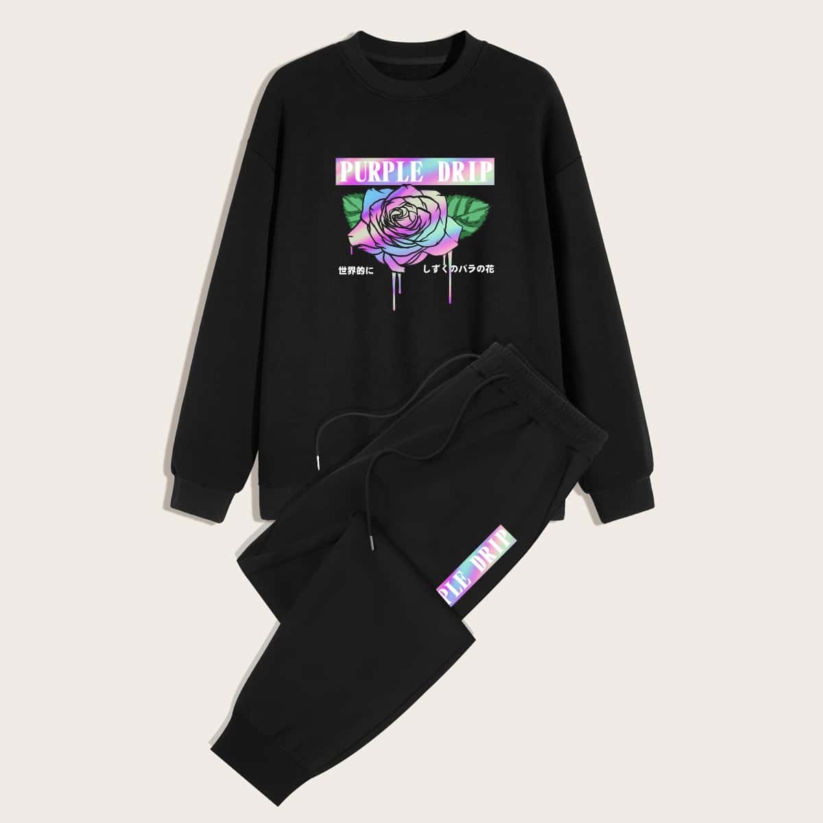 

Guys Floral & Letter Graphic Tee & Sweatpants, Black