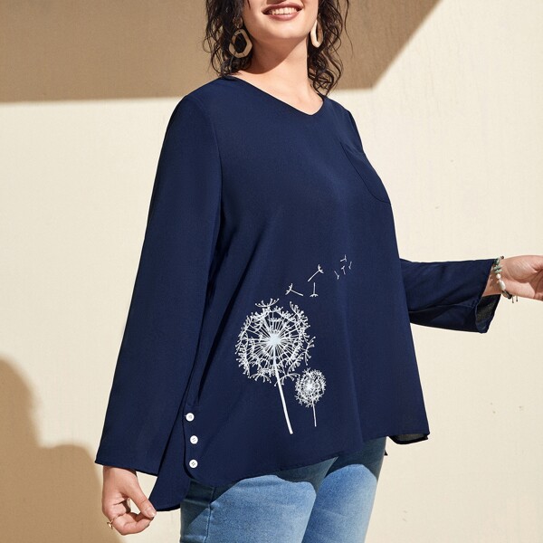 

Plus Dandelion Print V-neck Blouse, Navy blue