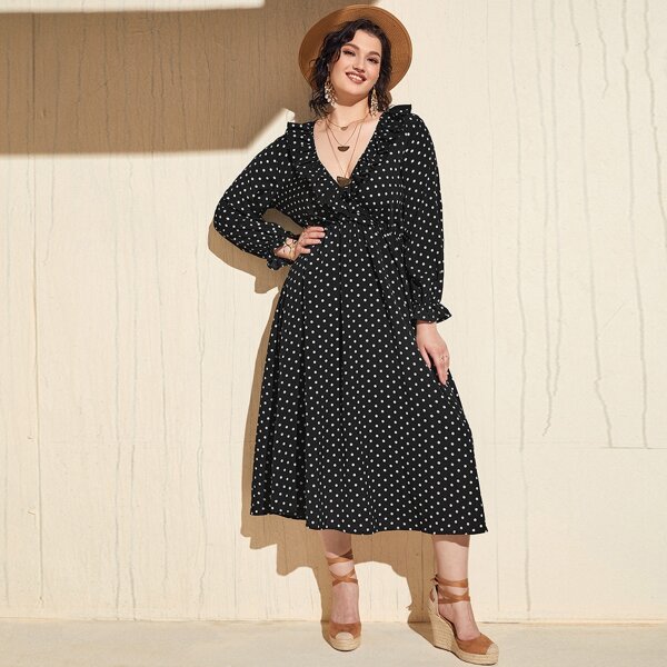 

Plus Polka Dot Deep V-neck Ruffle Trim Dress, Black