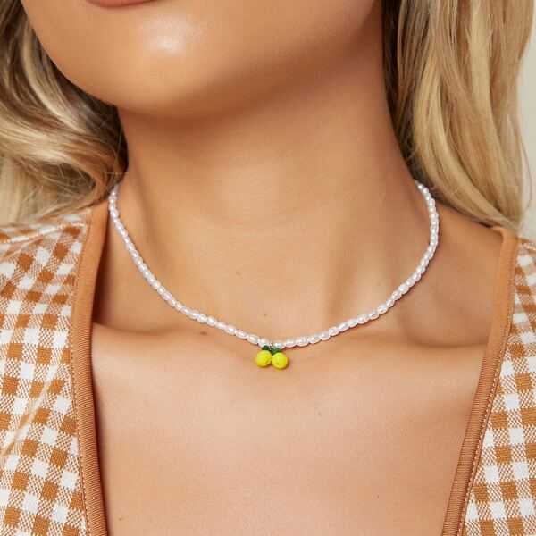 

Beaded Lemon Fruit Charm Faux Pearl Necklace, Multicolor