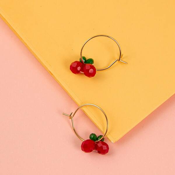 

Beaded Cherry Charm Hoop Earrings, Red