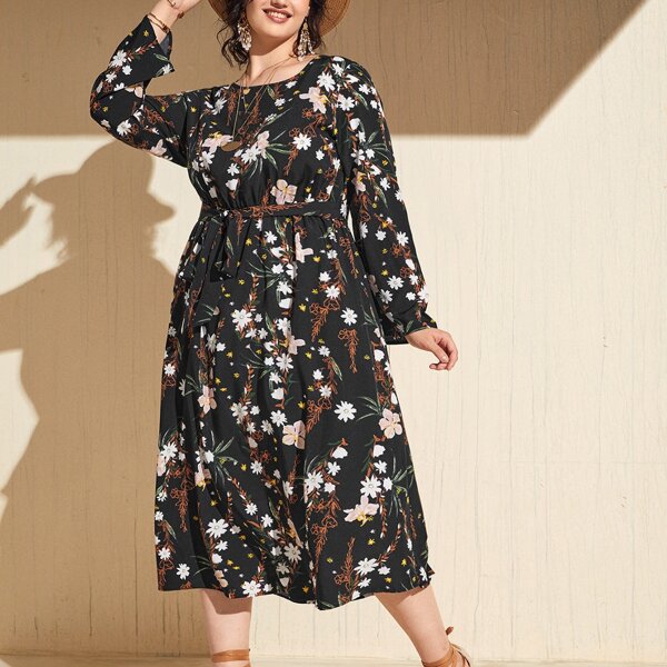 

Plus Floral Print Belted Dress, Multicolor