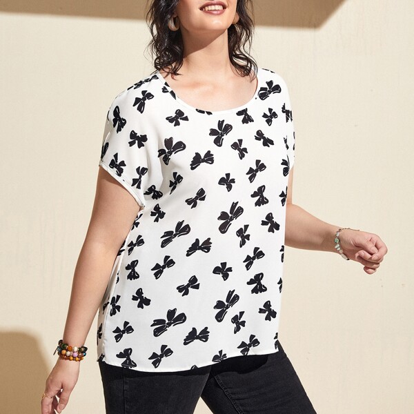 

Plus Batwing Sleeve Bow Print Blouse, Black and white