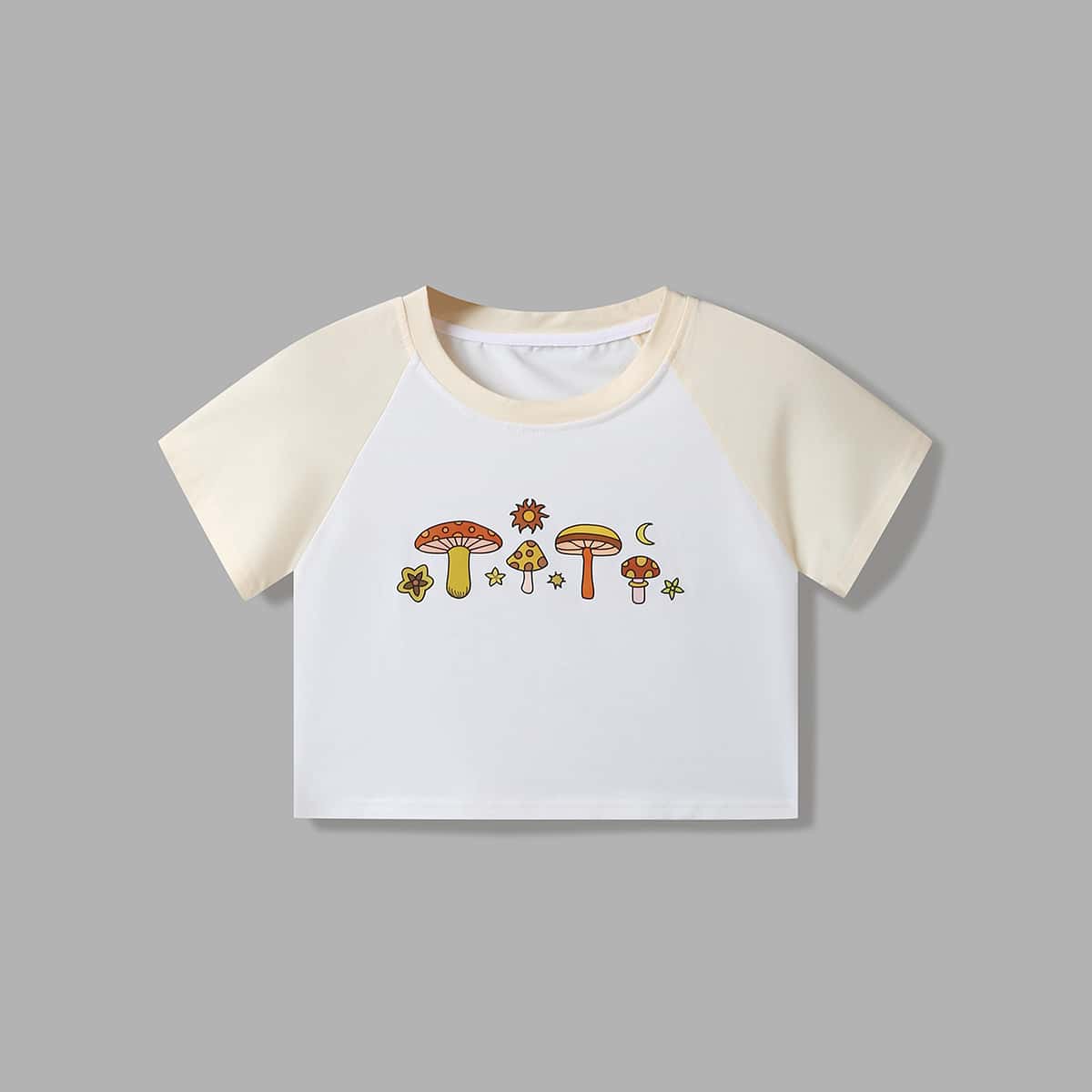 

Mushroom Graphic Colorblock Baseball Crop Tee, Multicolor