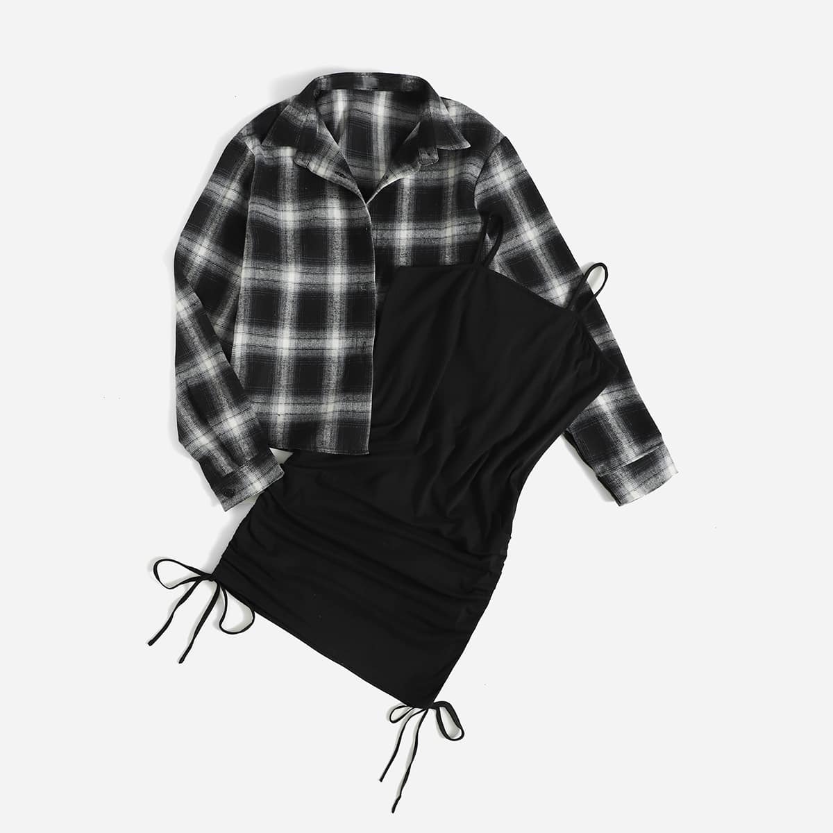 

Plaid Button Front Blouse & Drawstring Ruched Cami Dress, Black and white