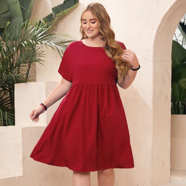 

Plus Solid Batwing Sleeve Smock Dress, Red