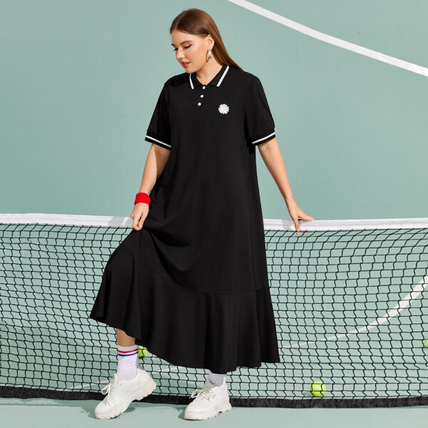 

Plus Flower Embroidery Half Button Ruffle Hem Dress, Black