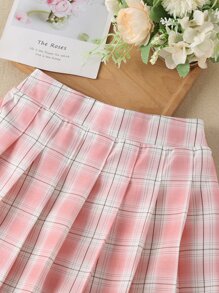 SHEIN 女孩蘇格蘭格紋百褶半身裙