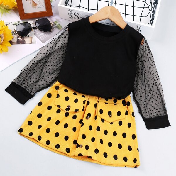 

Toddler Girls Dobby Mesh Sleeve Blouse & Polka Dot Skirt Set, Multicolor
