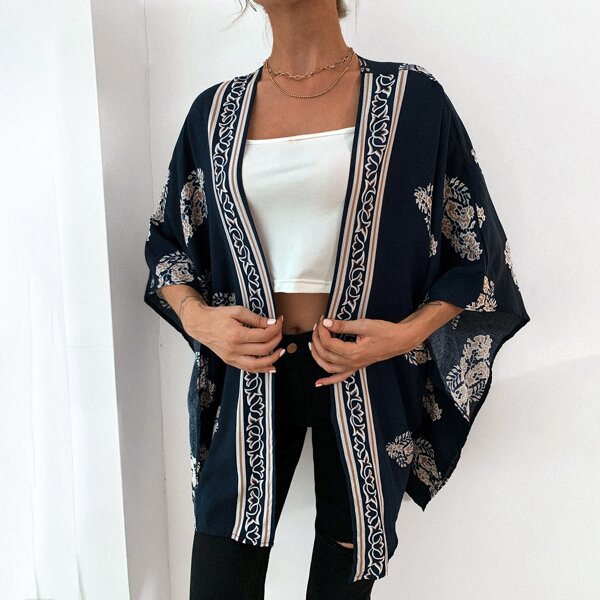 

Allover Print Open Front Kimono, Blue