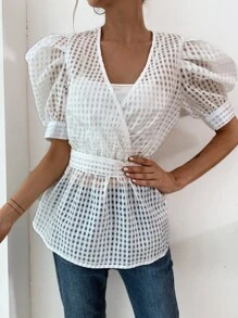 Blusa unicolor cruzado de cuello V - Blanco - Ver 1