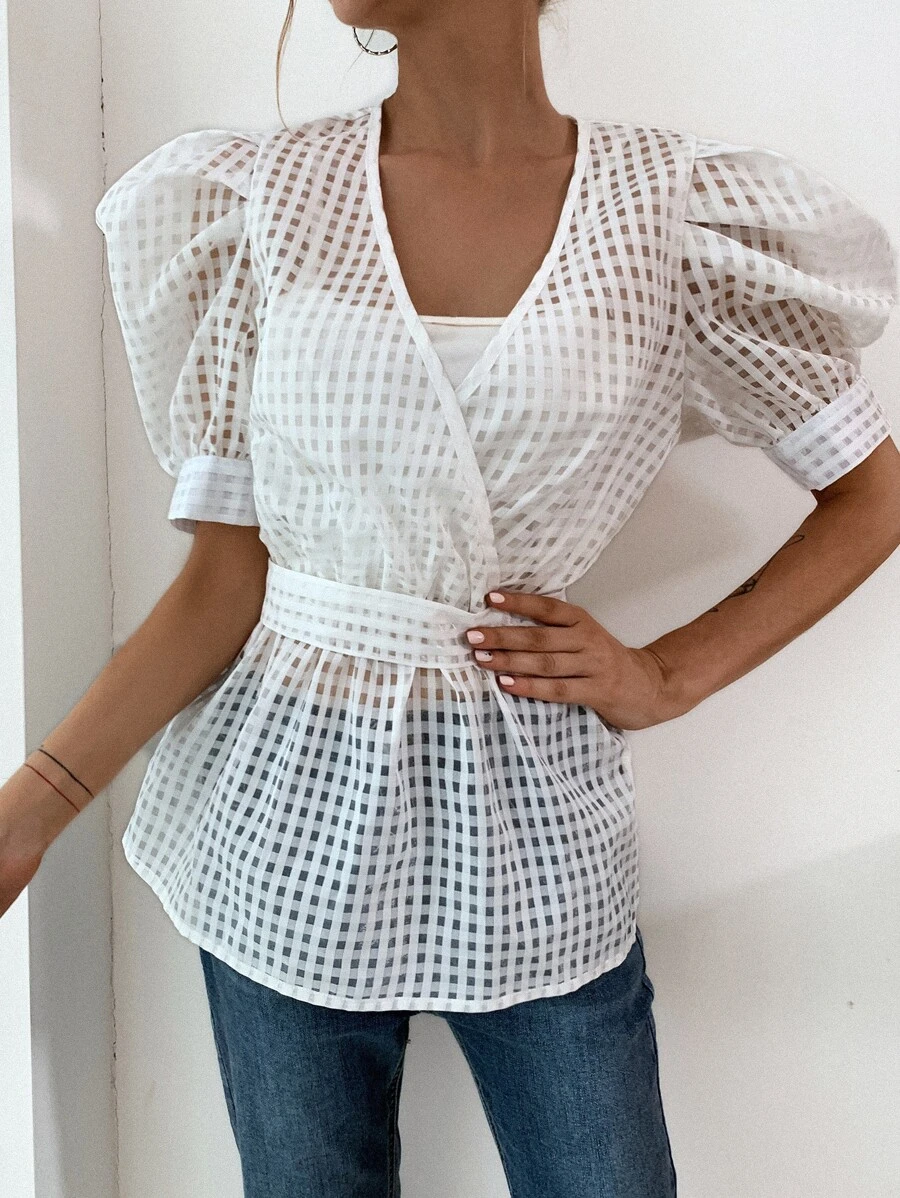 Blusa unicolor cruzado de cuello V - Blanco - Ver 1