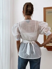 Blusa unicolor cruzado de cuello V - Blanco - Ver 2