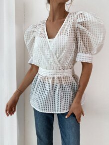 Blusa unicolor cruzado de cuello V - Blanco - Ver 3