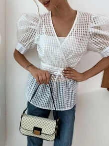 Blusa unicolor cruzado de cuello V - Blanco - Ver 7