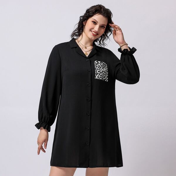 

Plus Leopard Print Pocket Front Flounce Sleeve Shirt Dress, Black