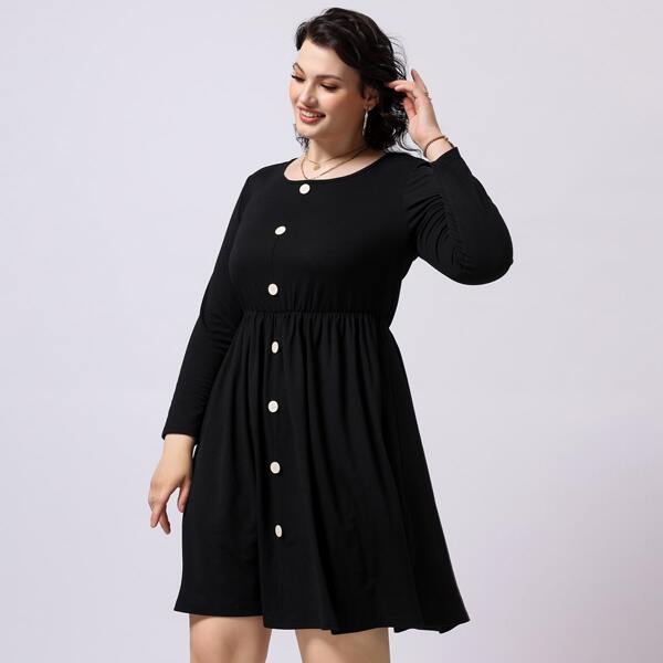 

Plus Button Front Solid Dress, Black